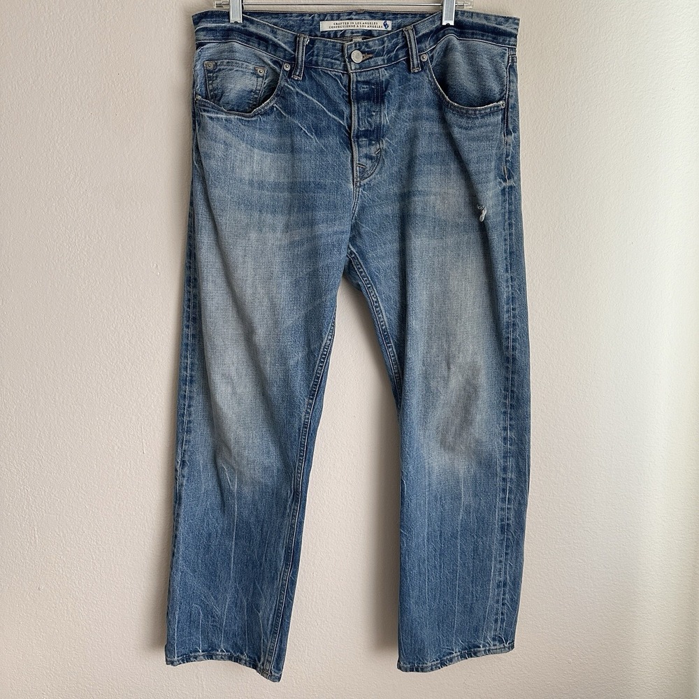 Gap Jeans Mens 35x30 Blue White Oak Cone Denim Made in USA Button Fly Straight